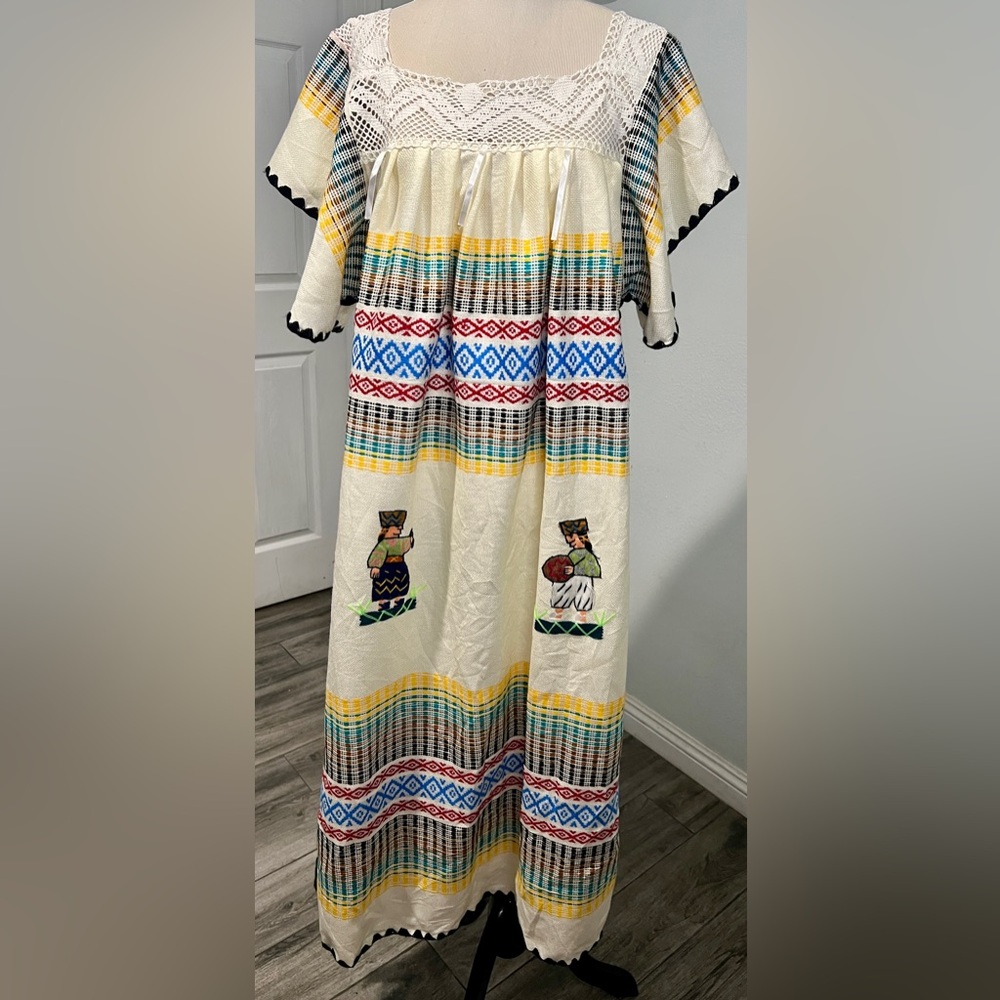 Vintage Mexican Oaxacan Kimono Kaftan Knit Lace Embroidered Boho Maxi Dress